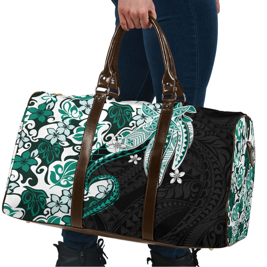 Monstera Plumeria Flowers Teal Travel Bag Polynesian Pattern