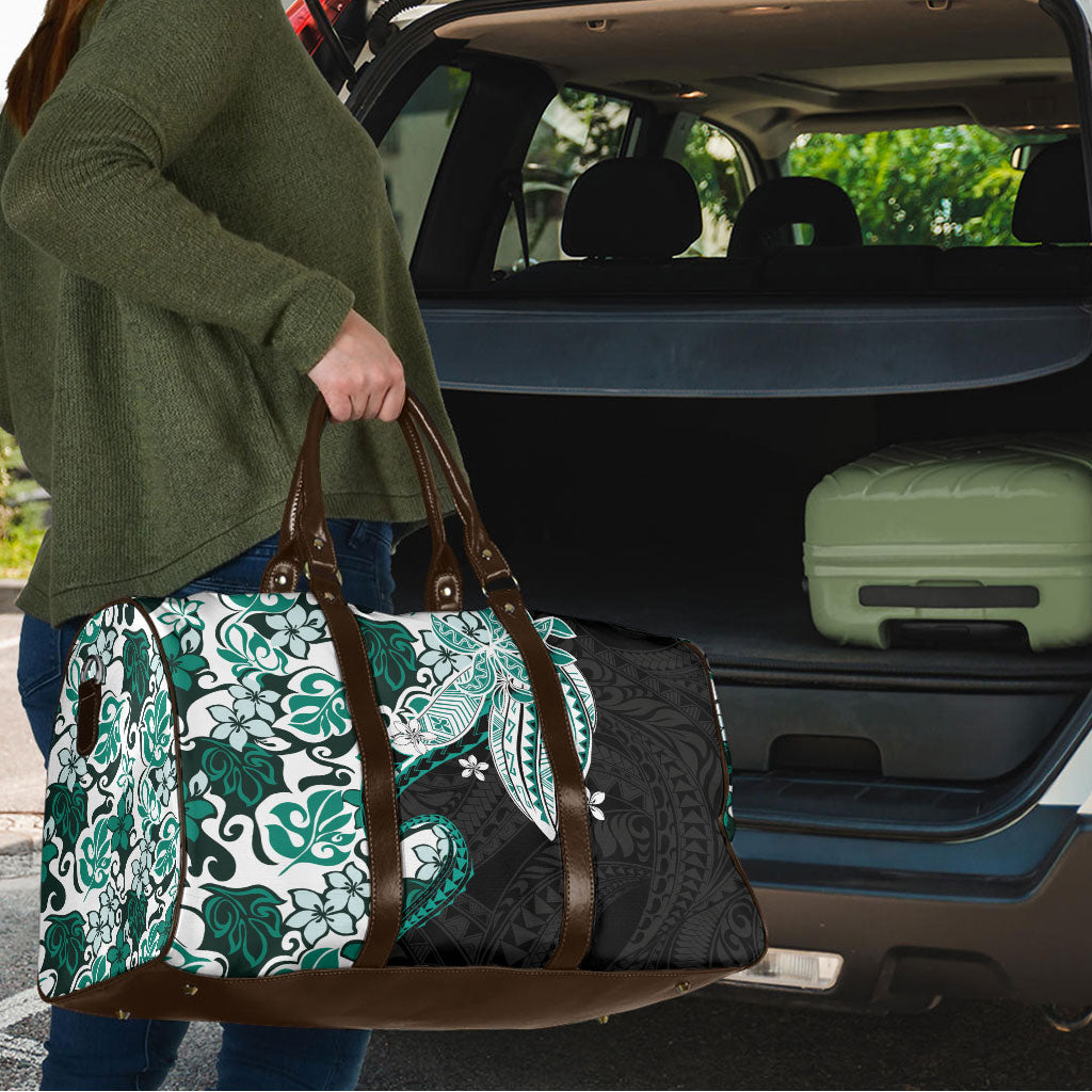 Monstera Plumeria Flowers Teal Travel Bag Polynesian Pattern