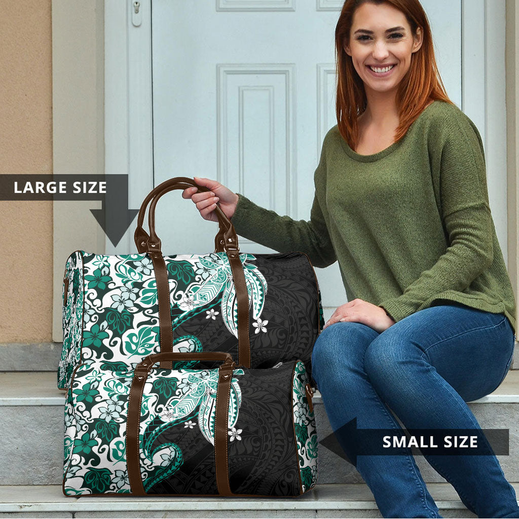 Monstera Plumeria Flowers Teal Travel Bag Polynesian Pattern