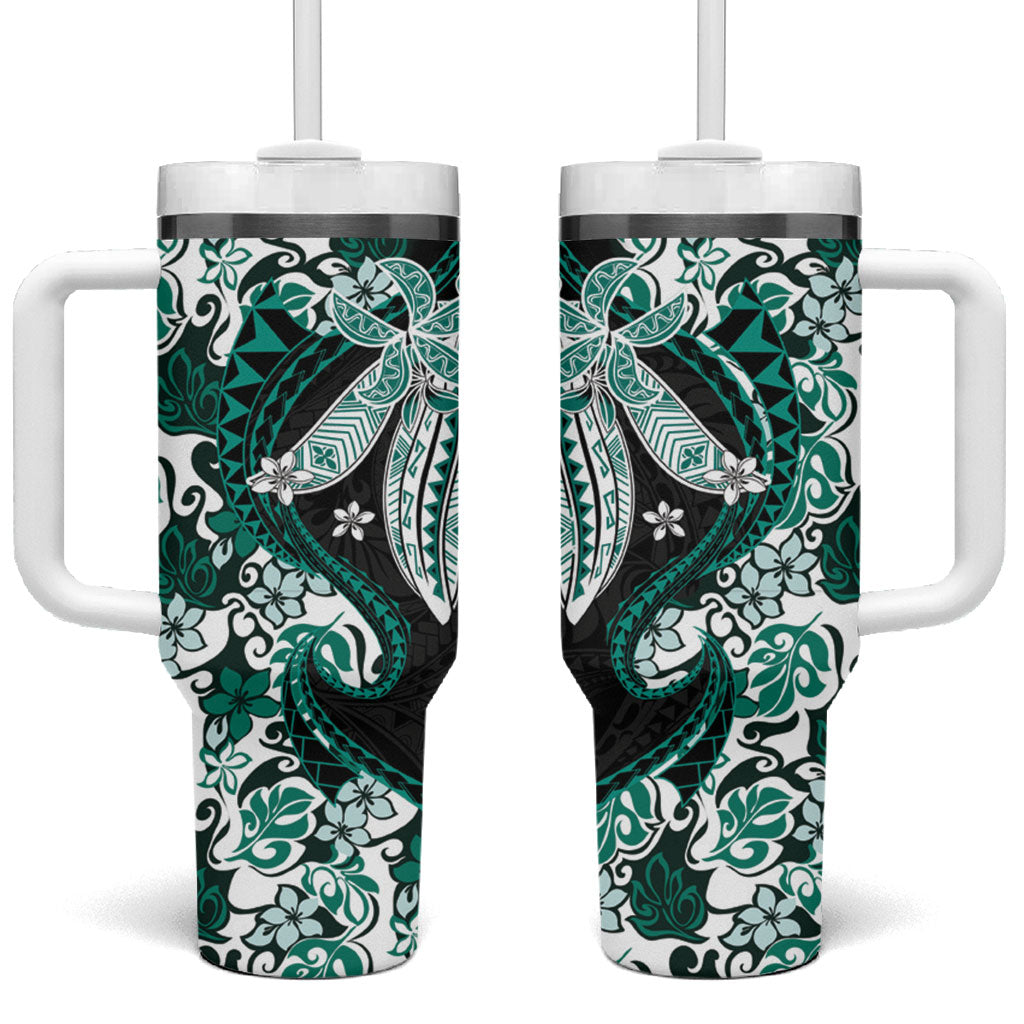 Monstera Plumeria Flowers Teal Tumbler With Handle Polynesian Pattern