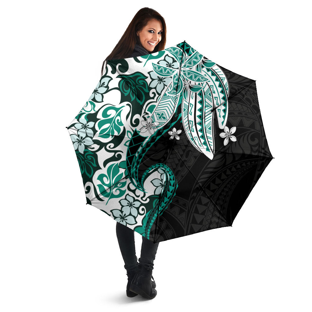 Monstera Plumeria Flowers Teal Umbrella Polynesian Pattern