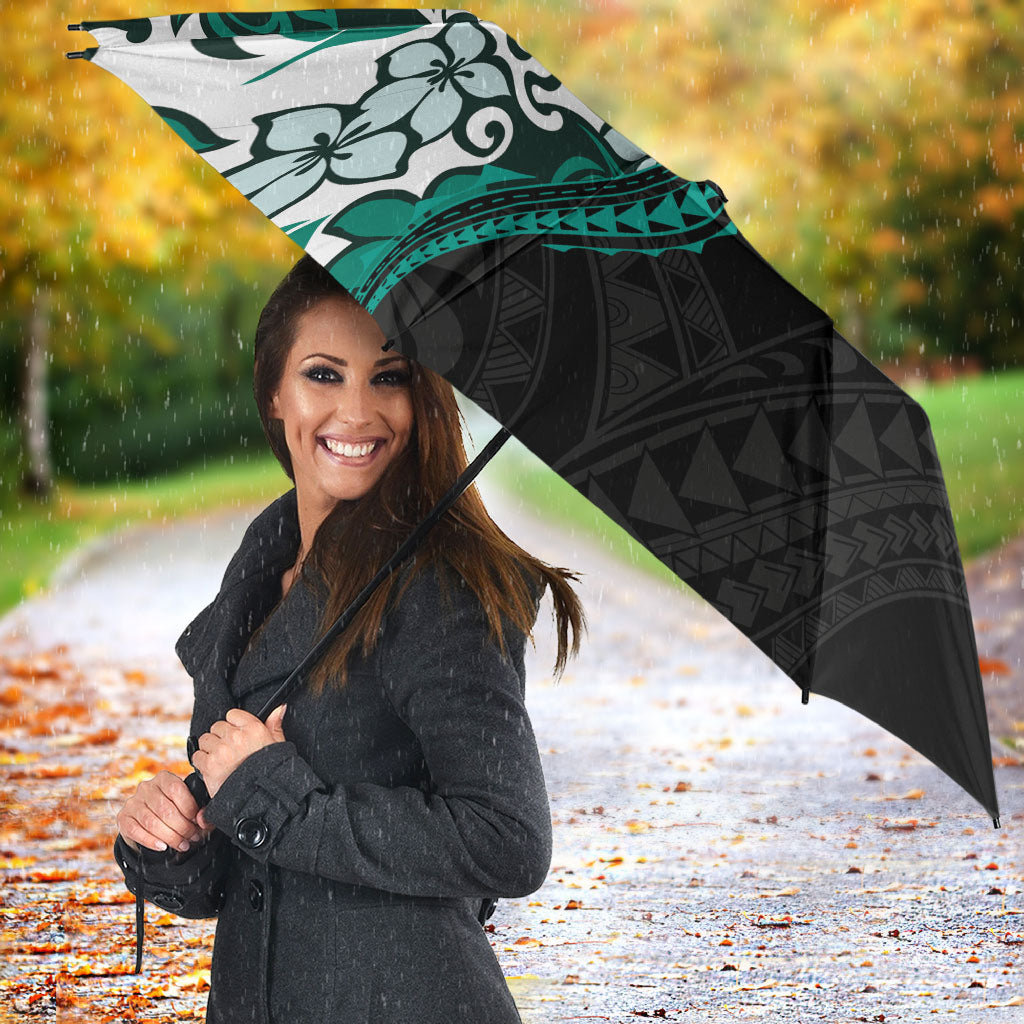 Monstera Plumeria Flowers Teal Umbrella Polynesian Pattern