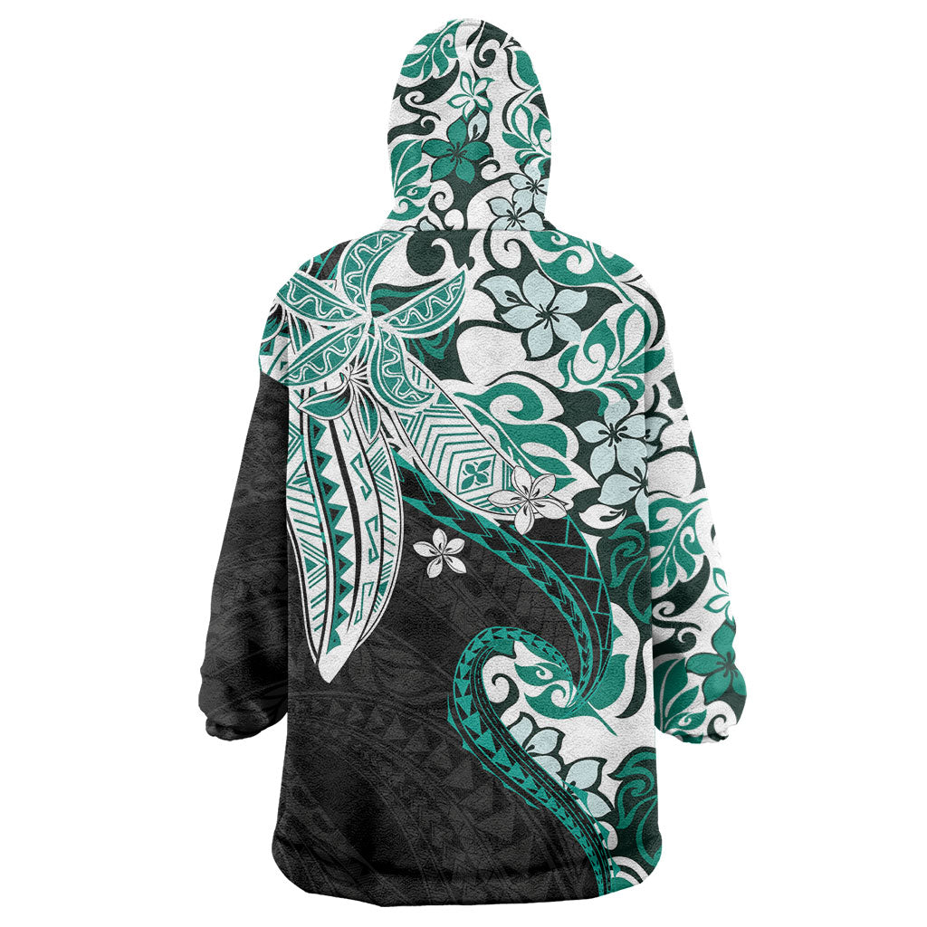 Monstera Plumeria Flowers Teal Wearable Blanket Hoodie Polynesian Pattern