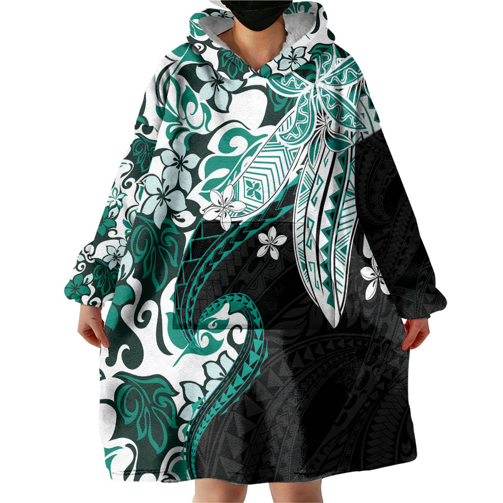 Monstera Plumeria Flowers Teal Wearable Blanket Hoodie Polynesian Pattern