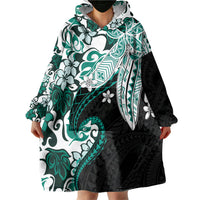 Monstera Plumeria Flowers Teal Wearable Blanket Hoodie Polynesian Pattern