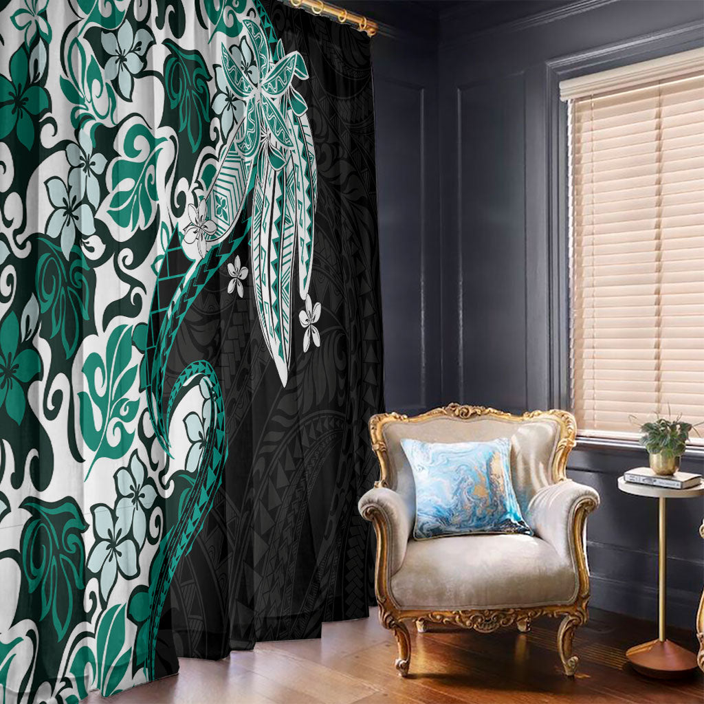 Monstera Plumeria Flowers Teal Window Curtain Polynesian Pattern