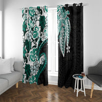 Monstera Plumeria Flowers Teal Window Curtain Polynesian Pattern