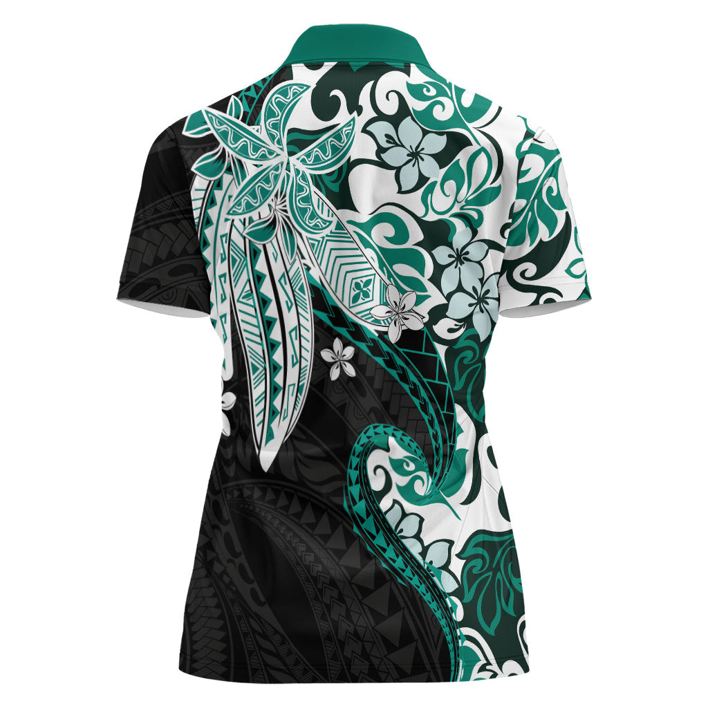 Monstera Plumeria Flowers Teal Women Polo Shirt Polynesian Pattern