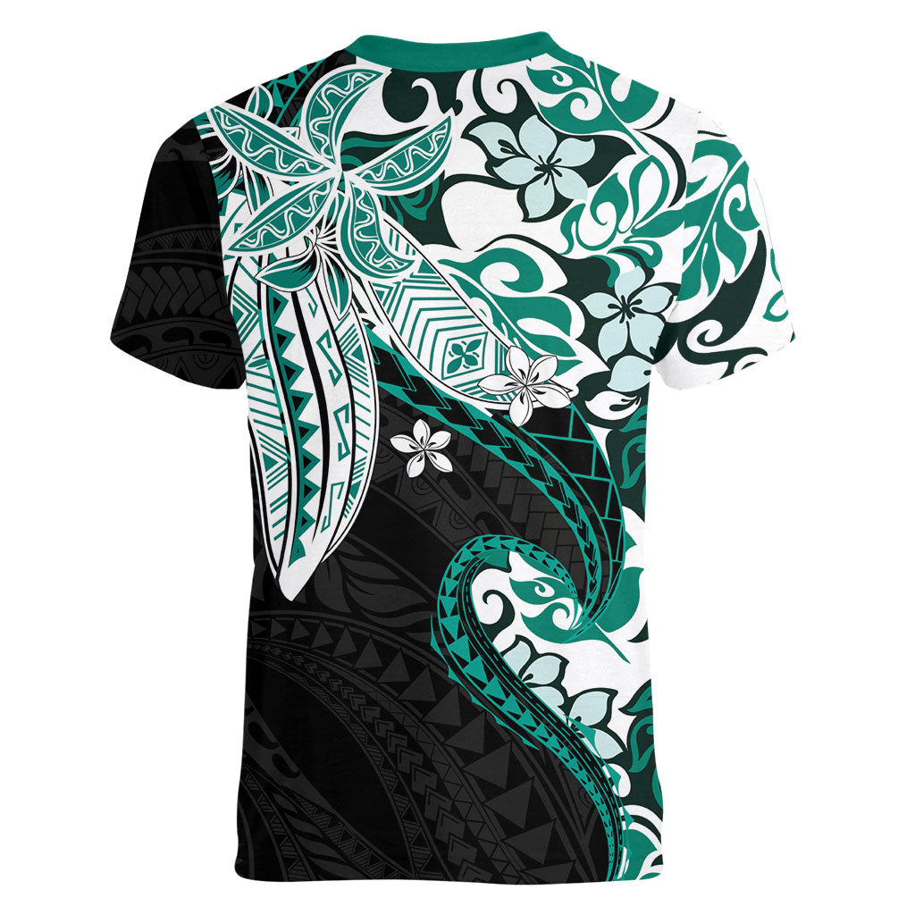 Monstera Plumeria Flowers Teal Women V-Neck T-Shirt Polynesian Pattern