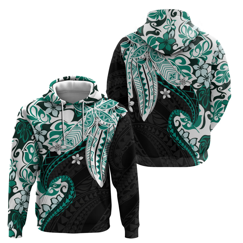 Monstera Plumeria Flowers Teal Zip Hoodie Polynesian Pattern