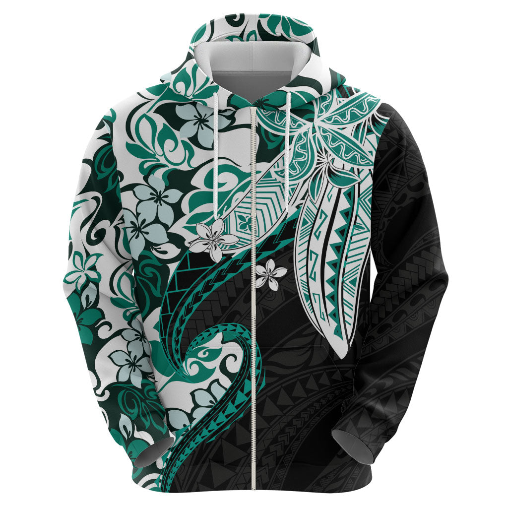Monstera Plumeria Flowers Teal Zip Hoodie Polynesian Pattern