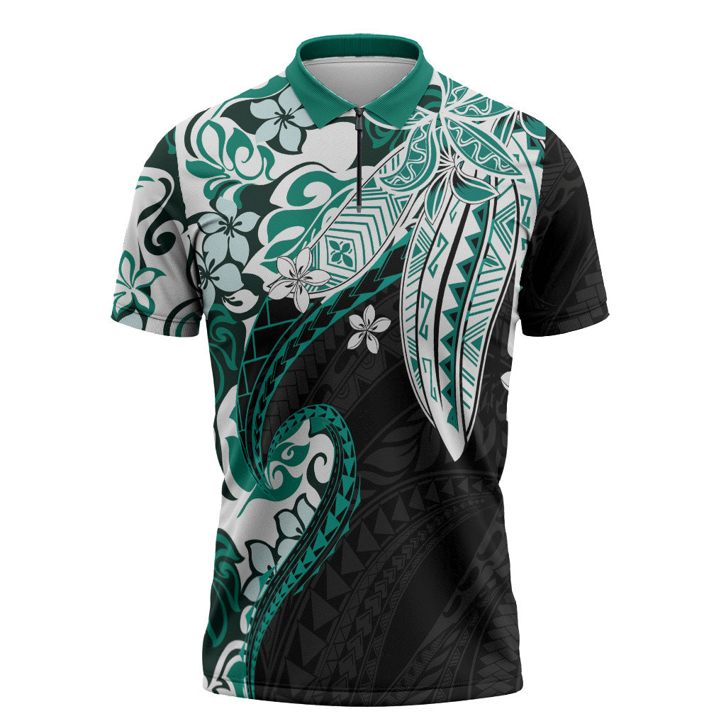 Monstera Plumeria Flowers Teal Zipper Polo Shirt Polynesian Pattern