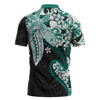 Monstera Plumeria Flowers Teal Zipper Polo Shirt Polynesian Pattern