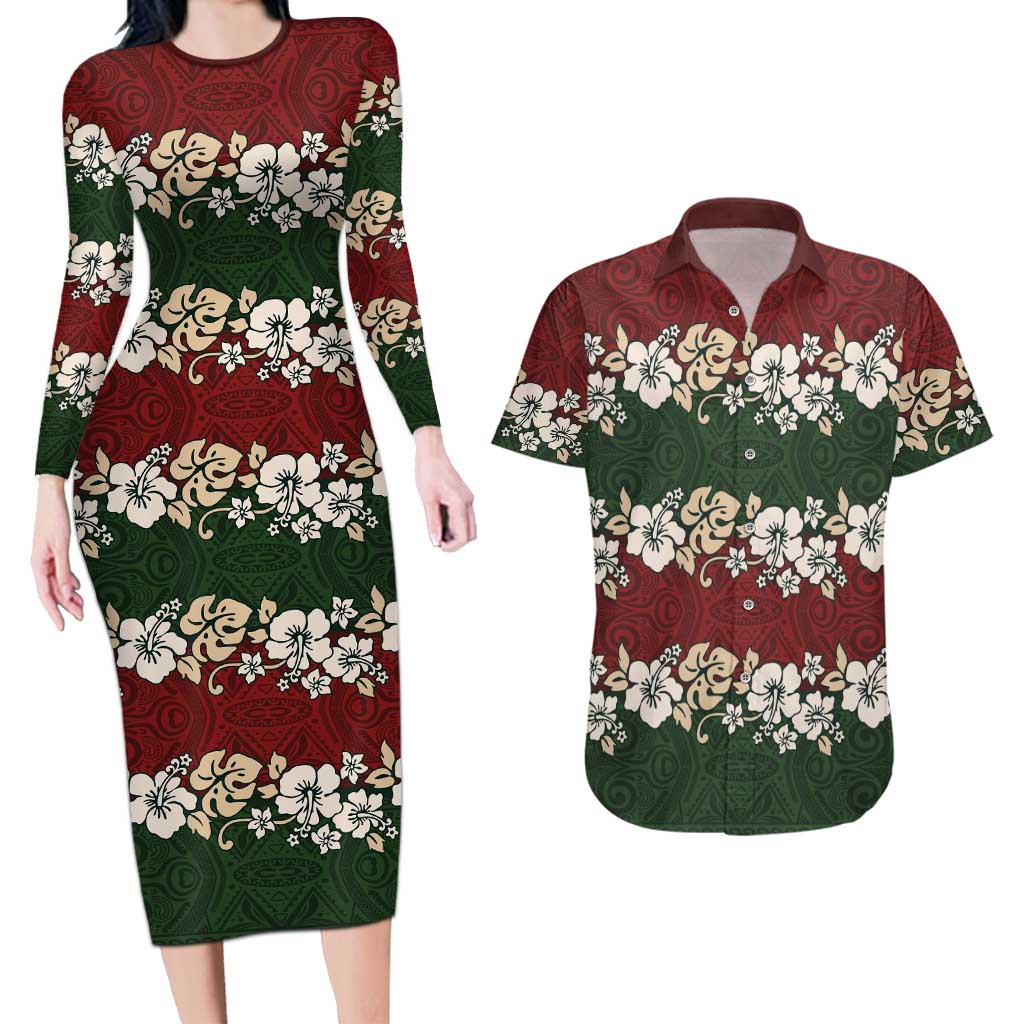Hawaiian Hibiscus Christmas Color Couples Matching Long Sleeve Bodycon Dress and Hawaiian Shirt Unique LT01 Red - Polynesian Pride