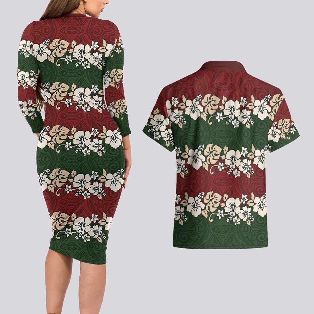 Hawaiian Hibiscus Christmas Color Couples Matching Long Sleeve Bodycon Dress and Hawaiian Shirt Unique LT01 - Polynesian Pride