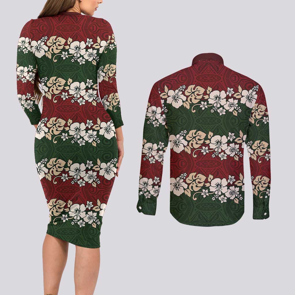Hawaiian Hibiscus Christmas Color Couples Matching Long Sleeve Bodycon Dress and Long Sleeve Button Shirt Unique