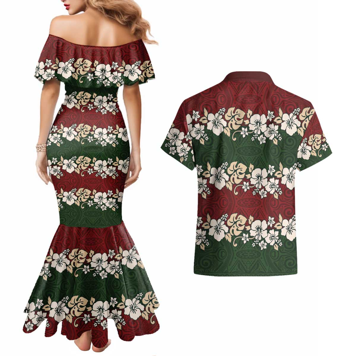 Hawaiian Hibiscus Christmas Color Couples Matching Mermaid Dress and Hawaiian Shirt Unique LT01 - Polynesian Pride
