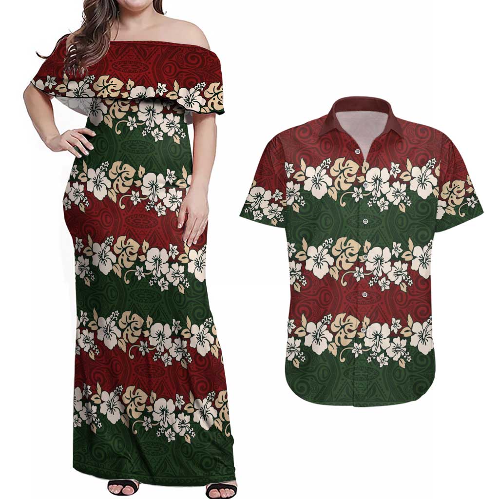 Hawaiian Hibiscus Christmas Color Couples Matching Off Shoulder Maxi Dress and Hawaiian Shirt Unique LT01 Red - Polynesian Pride