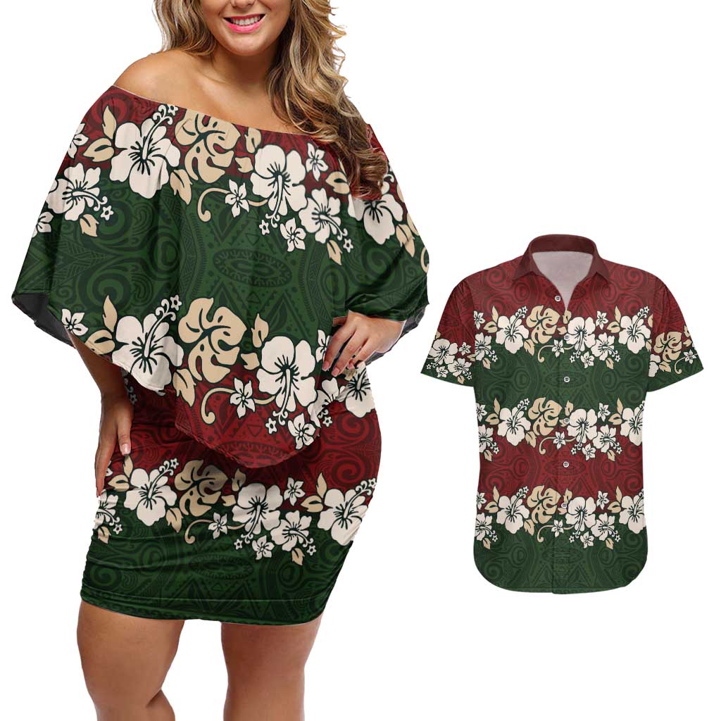 Hawaiian Hibiscus Christmas Color Couples Matching Off Shoulder Short Dress and Hawaiian Shirt Unique LT01 Red - Polynesian Pride