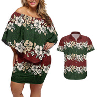 Hawaiian Hibiscus Christmas Color Couples Matching Off Shoulder Short Dress and Hawaiian Shirt Unique LT01 Red - Polynesian Pride