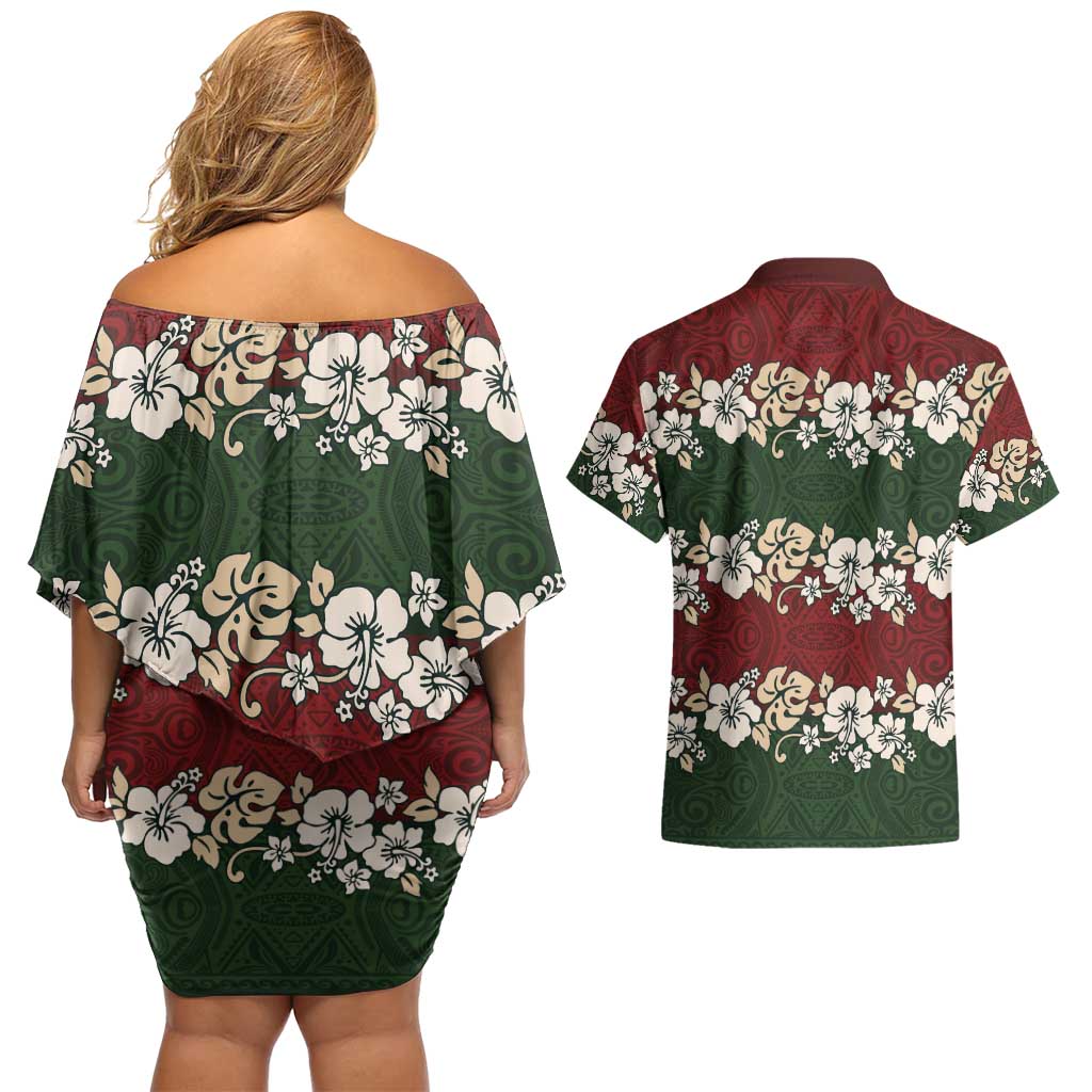 Hawaiian Hibiscus Christmas Color Couples Matching Off Shoulder Short Dress and Hawaiian Shirt Unique LT01 - Polynesian Pride