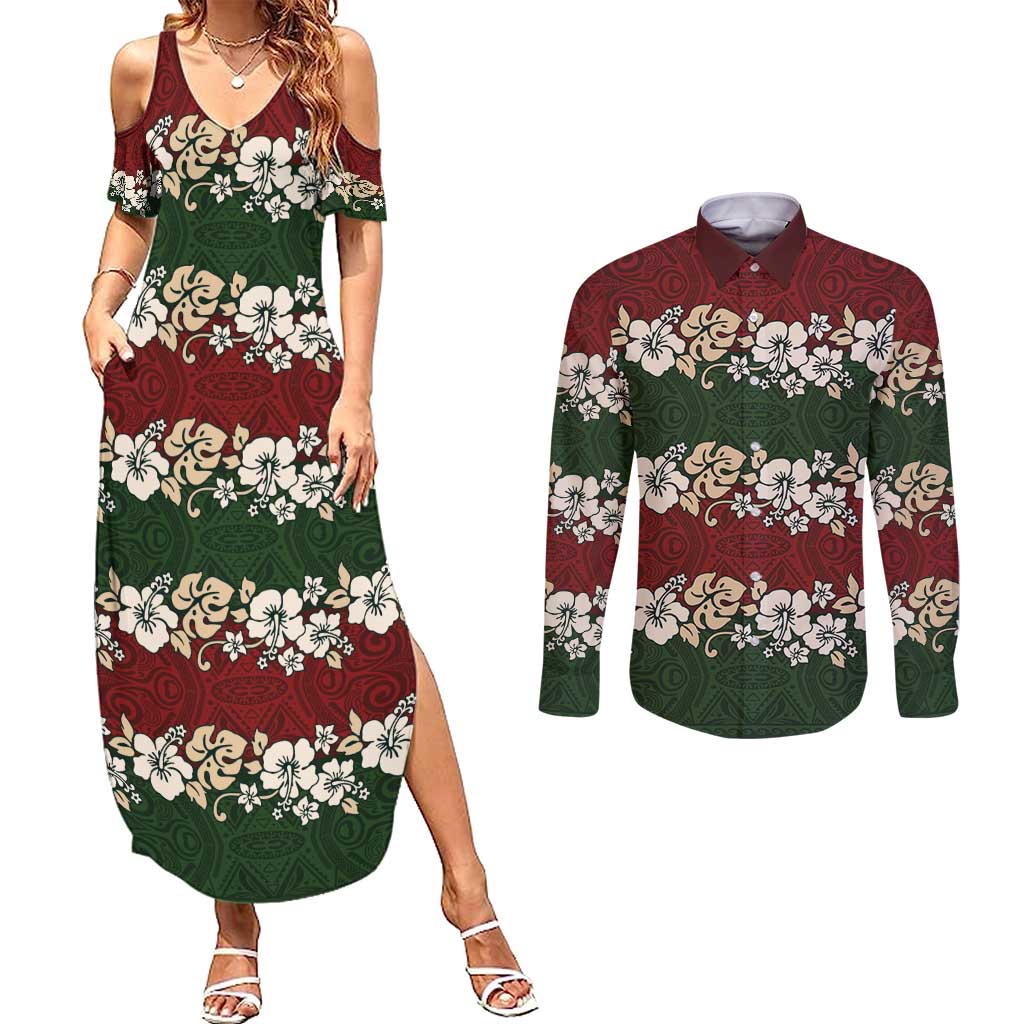 Hawaiian Hibiscus Christmas Color Couples Matching Summer Maxi Dress and Long Sleeve Button Shirt Unique