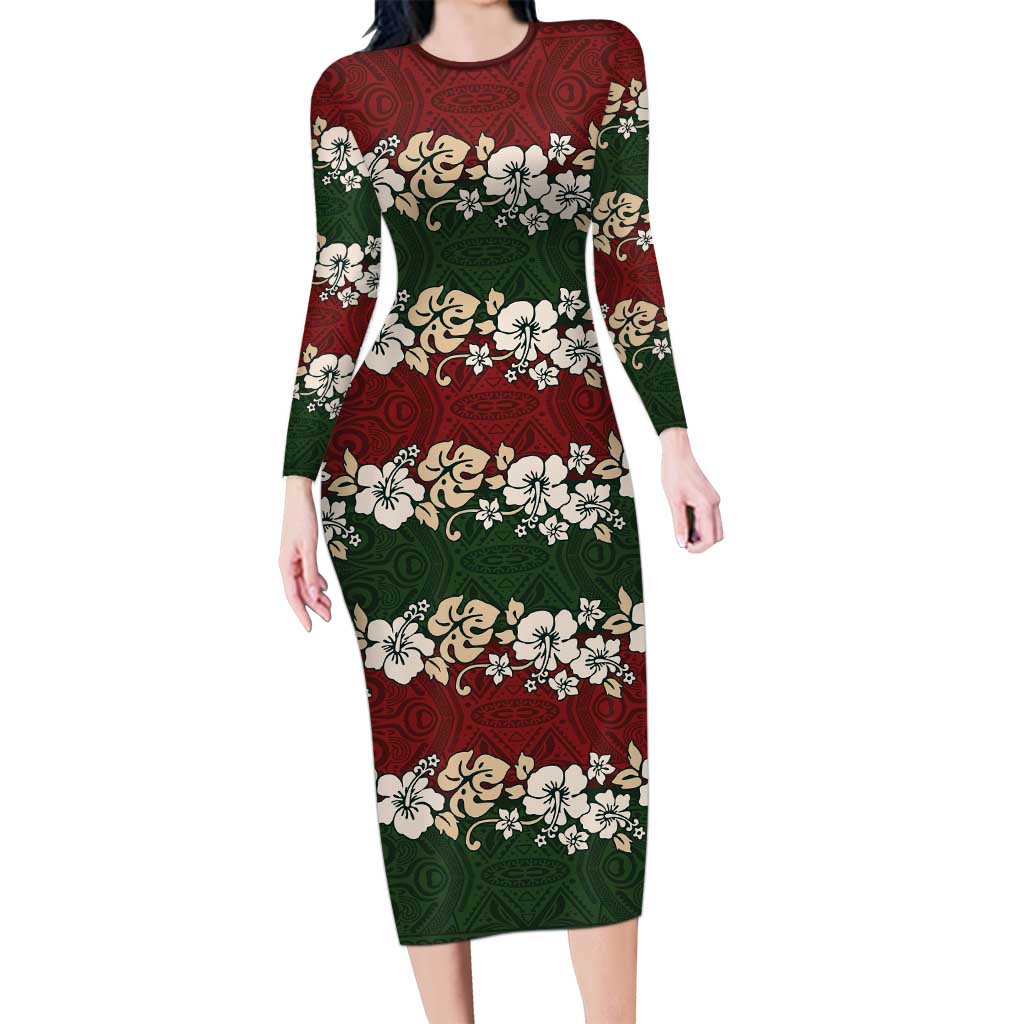 Hawaiian Hibiscus Christmas Color Family Matching Long Sleeve Bodycon Dress and Hawaiian Shirt Unique