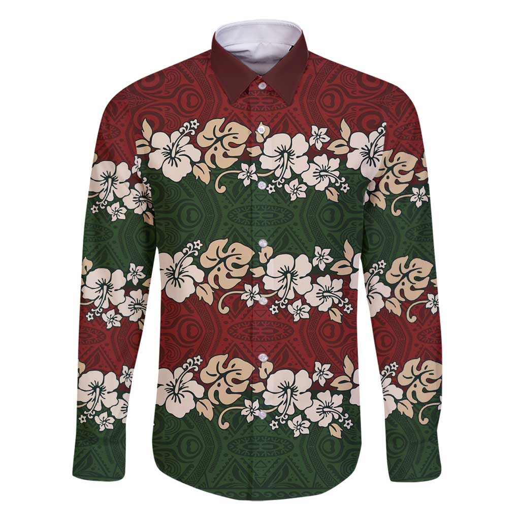 Hawaiian Hibiscus Christmas Color Family Matching Mermaid Dress and Hawaiian Shirt Unique LT01 Dad's Shirt - Long Sleeve Red - Polynesian Pride