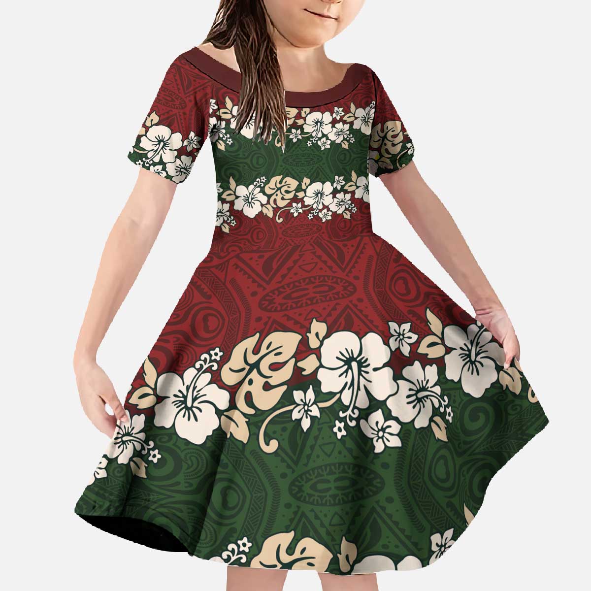 Hawaiian Hibiscus Christmas Color Family Matching Off The Shoulder Long Sleeve Dress and Hawaiian Shirt Unique LT01 Daughter's Dress Red - Polynesian Pride