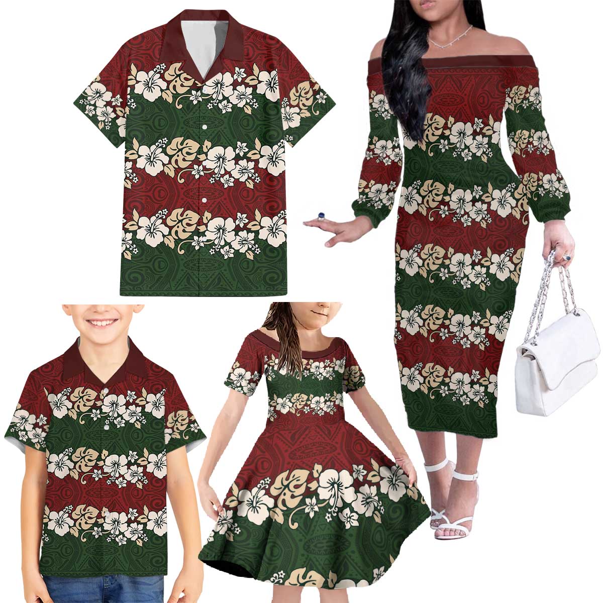 Hawaiian Hibiscus Christmas Color Family Matching Off The Shoulder Long Sleeve Dress and Hawaiian Shirt Unique LT01 - Polynesian Pride