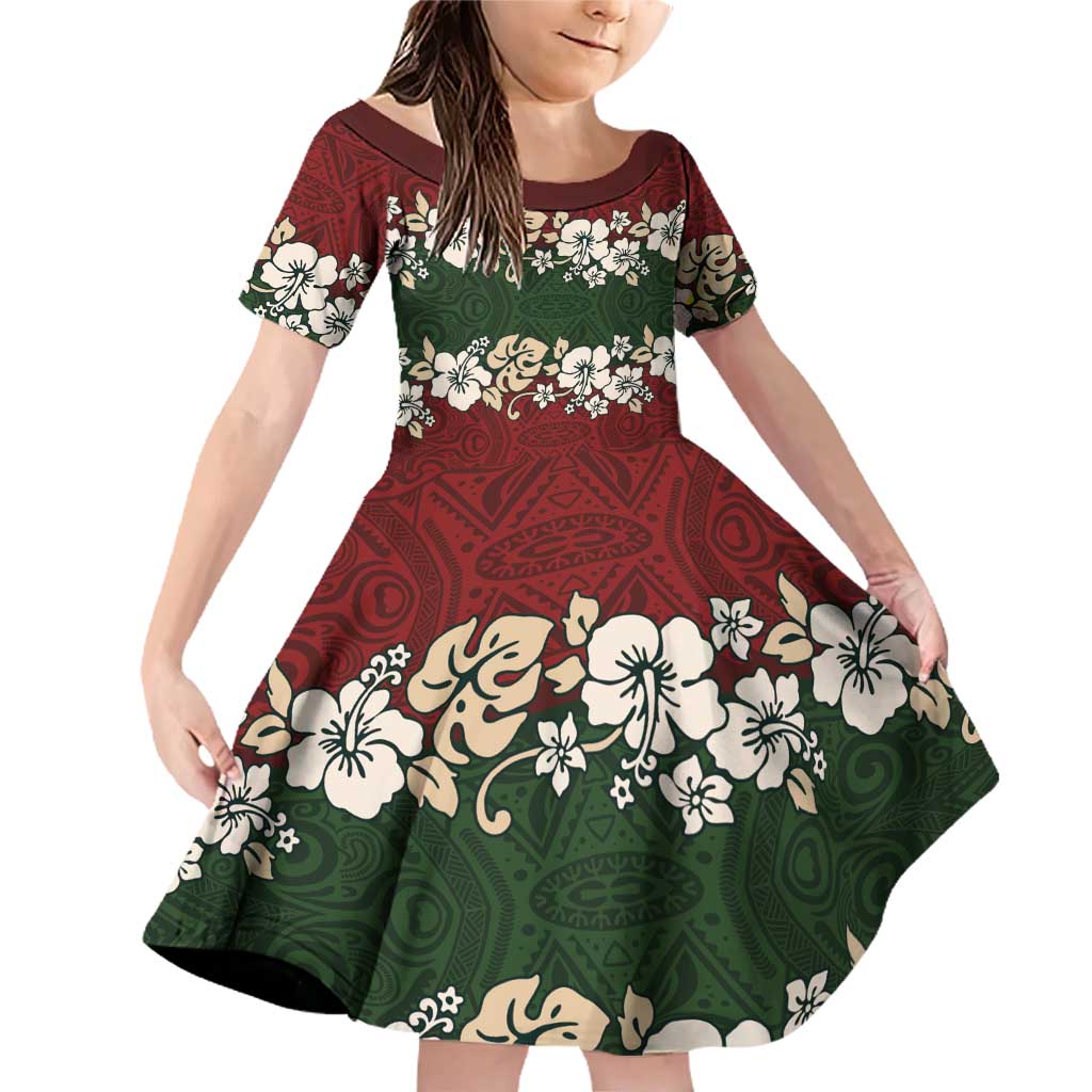 Hawaiian Hibiscus Christmas Color Family Matching Off Shoulder Short Dress and Hawaiian Shirt Unique LT01 Daughter's Dress Red - Polynesian Pride