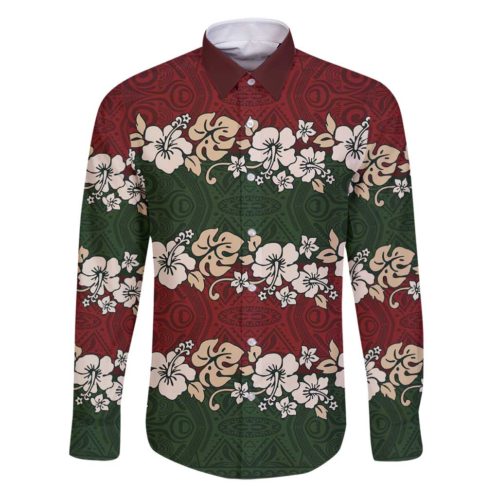 Hawaiian Hibiscus Christmas Color Family Matching Puletasi and Hawaiian Shirt Unique LT01 Dad's Shirt - Long Sleeve Red - Polynesian Pride