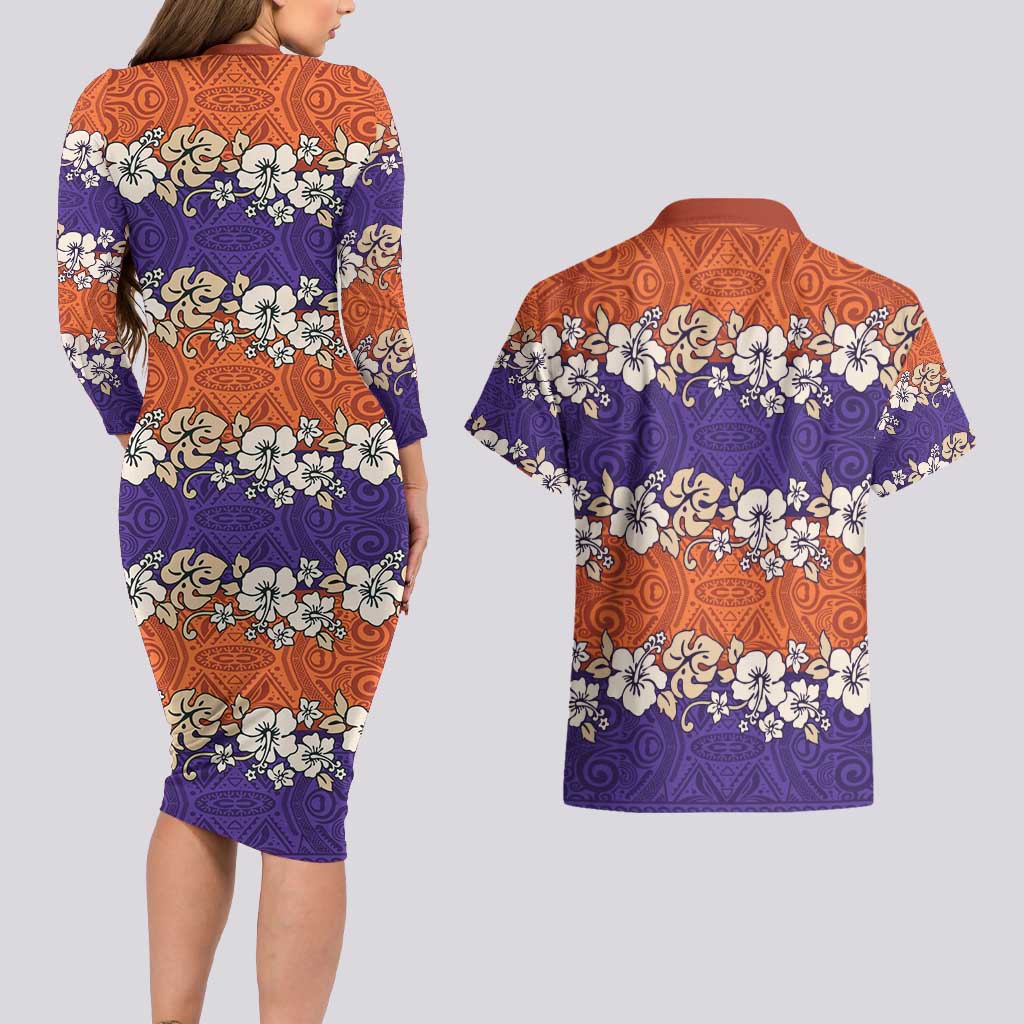 Hawaiian Hibiscus Couples Matching Long Sleeve Bodycon Dress and Hawaiian Shirt Orange and Purple Unique LT01 - Polynesian Pride