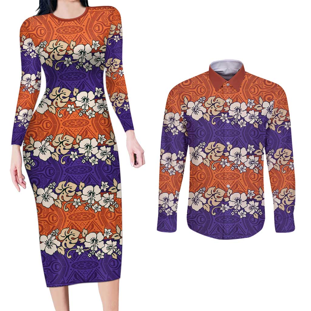 Hawaiian Hibiscus Couples Matching Long Sleeve Bodycon Dress and Long Sleeve Button Shirt Orange and Purple Unique