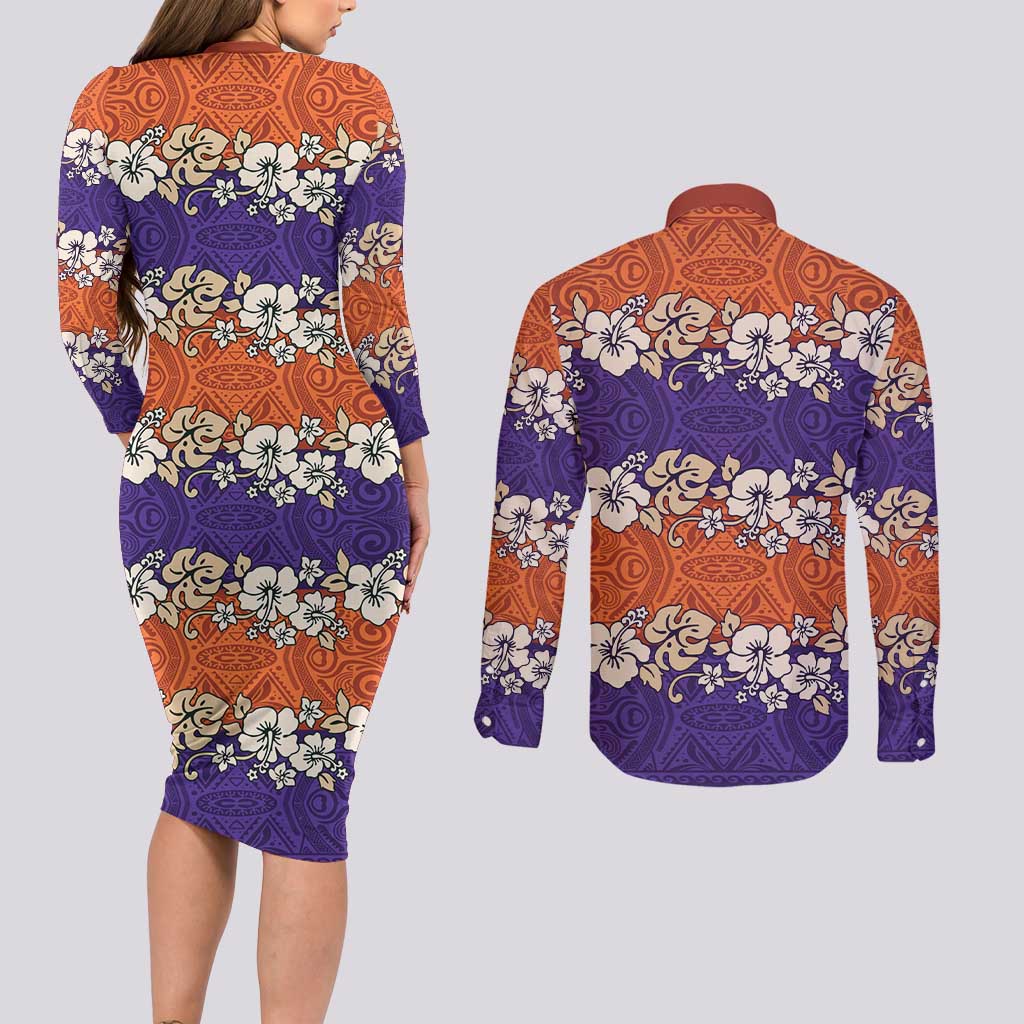 Hawaiian Hibiscus Couples Matching Long Sleeve Bodycon Dress and Long Sleeve Button Shirt Orange and Purple Unique