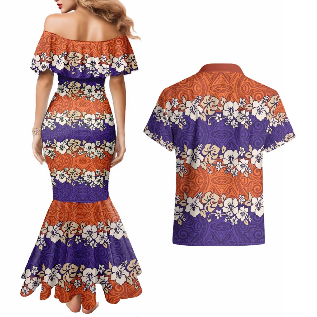 Hawaiian Hibiscus Couples Matching Mermaid Dress and Hawaiian Shirt Orange and Purple Unique LT01 - Polynesian Pride