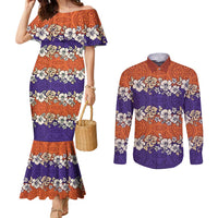 Hawaiian Hibiscus Couples Matching Mermaid Dress and Long Sleeve Button Shirt Orange and Purple Unique LT01 Orange - Polynesian Pride