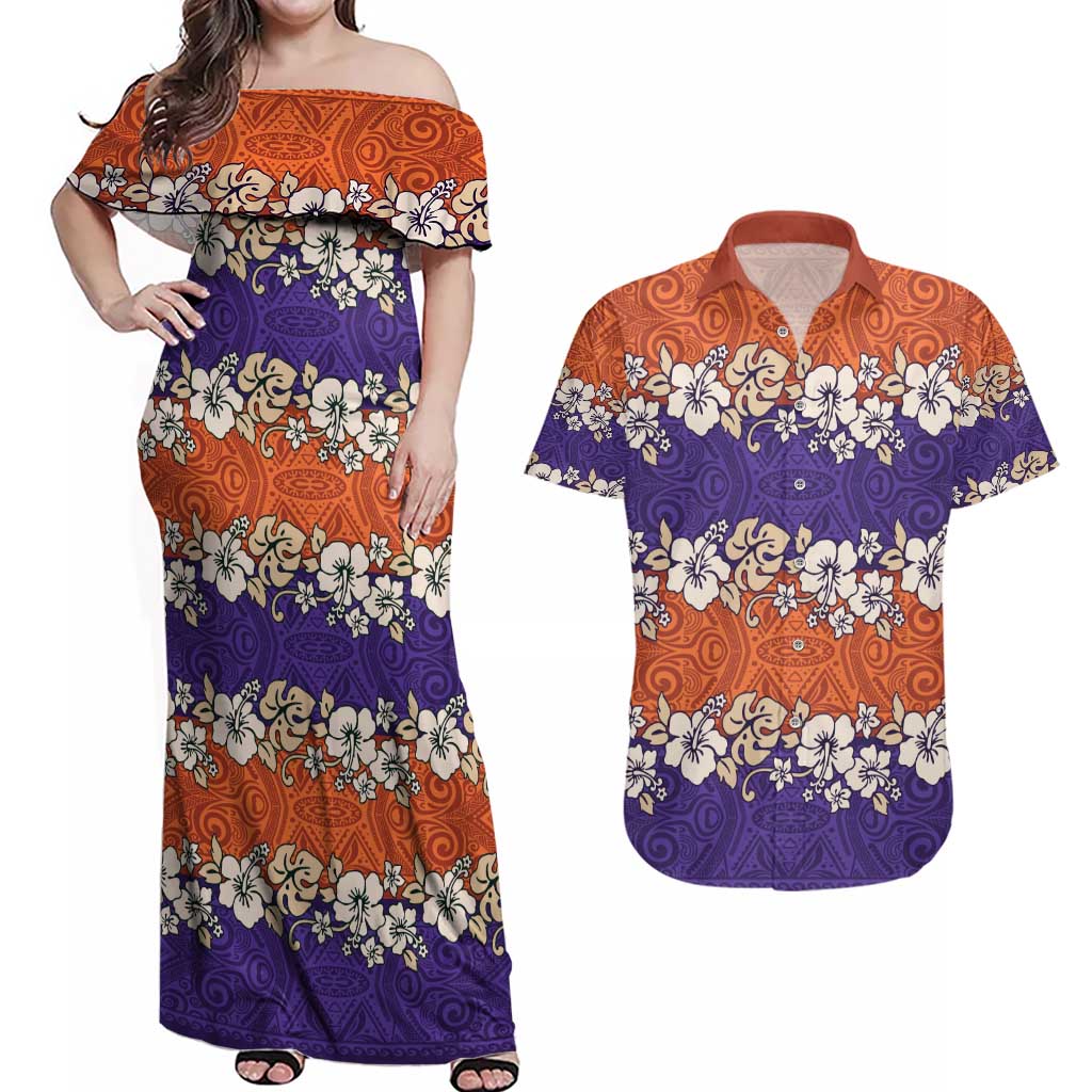 Hawaiian Hibiscus Couples Matching Off Shoulder Maxi Dress and Hawaiian Shirt Orange and Purple Unique LT01 Orange - Polynesian Pride