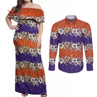Hawaiian Hibiscus Couples Matching Off Shoulder Maxi Dress and Long Sleeve Button Shirt Orange and Purple Unique