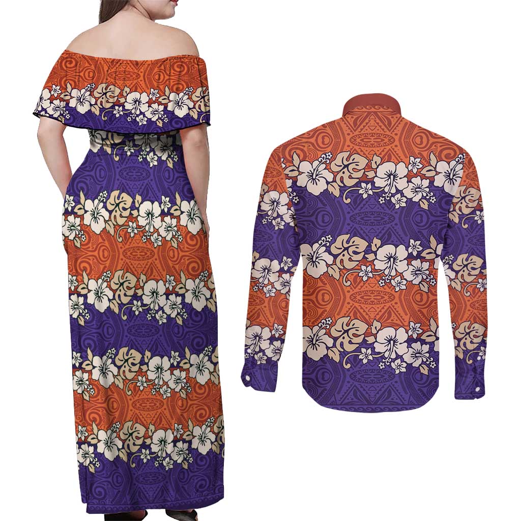 Hawaiian Hibiscus Couples Matching Off Shoulder Maxi Dress and Long Sleeve Button Shirt Orange and Purple Unique