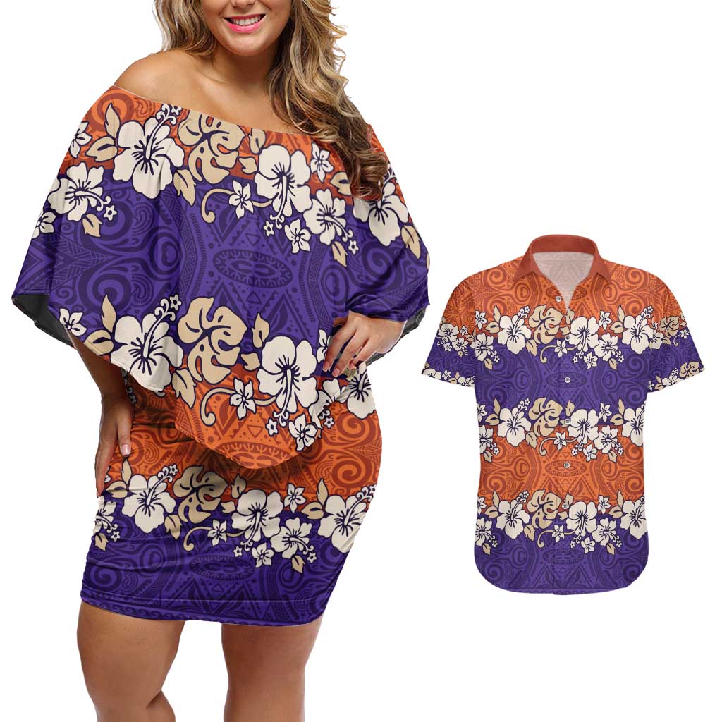 Hawaiian Hibiscus Couples Matching Off Shoulder Short Dress and Hawaiian Shirt Orange and Purple Unique