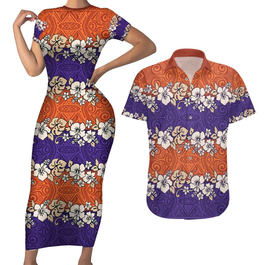 Hawaiian Hibiscus Couples Matching Short Sleeve Bodycon Dress and Hawaiian Shirt Orange and Purple Unique LT01 Orange - Polynesian Pride