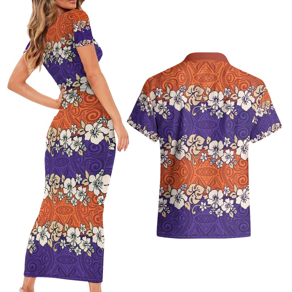Hawaiian Hibiscus Couples Matching Short Sleeve Bodycon Dress and Hawaiian Shirt Orange and Purple Unique LT01 - Polynesian Pride
