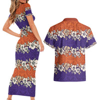 Hawaiian Hibiscus Couples Matching Short Sleeve Bodycon Dress and Hawaiian Shirt Orange and Purple Unique LT01 - Polynesian Pride