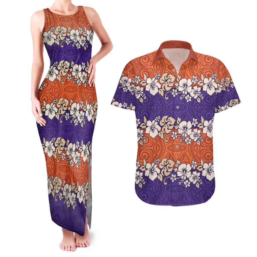 Hawaiian Hibiscus Couples Matching Tank Maxi Dress and Hawaiian Shirt Orange and Purple Unique