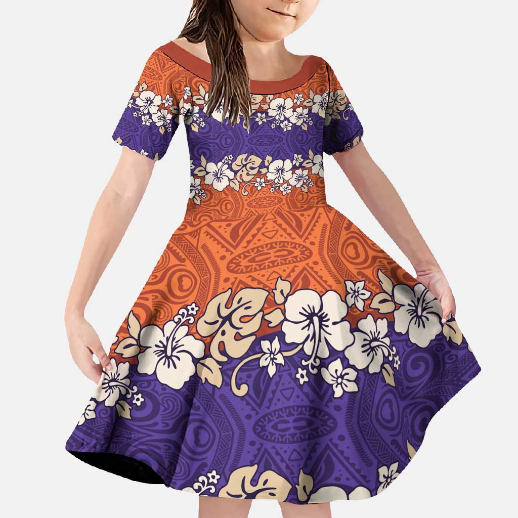 Hawaiian Hibiscus Family Matching Mermaid Dress and Hawaiian Shirt Orange and Purple Unique LT01 Daughter's Dress Orange - Polynesian Pride