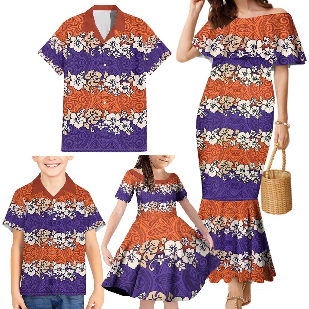 Hawaiian Hibiscus Family Matching Mermaid Dress and Hawaiian Shirt Orange and Purple Unique LT01 - Polynesian Pride