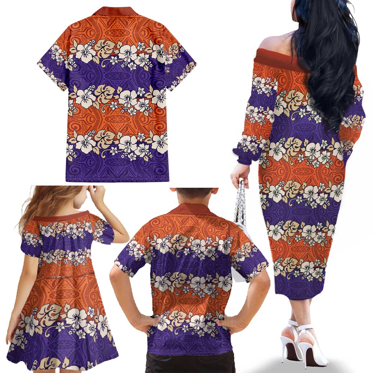 Hawaiian Hibiscus Family Matching Off The Shoulder Long Sleeve Dress and Hawaiian Shirt Orange and Purple Unique LT01 - Polynesian Pride
