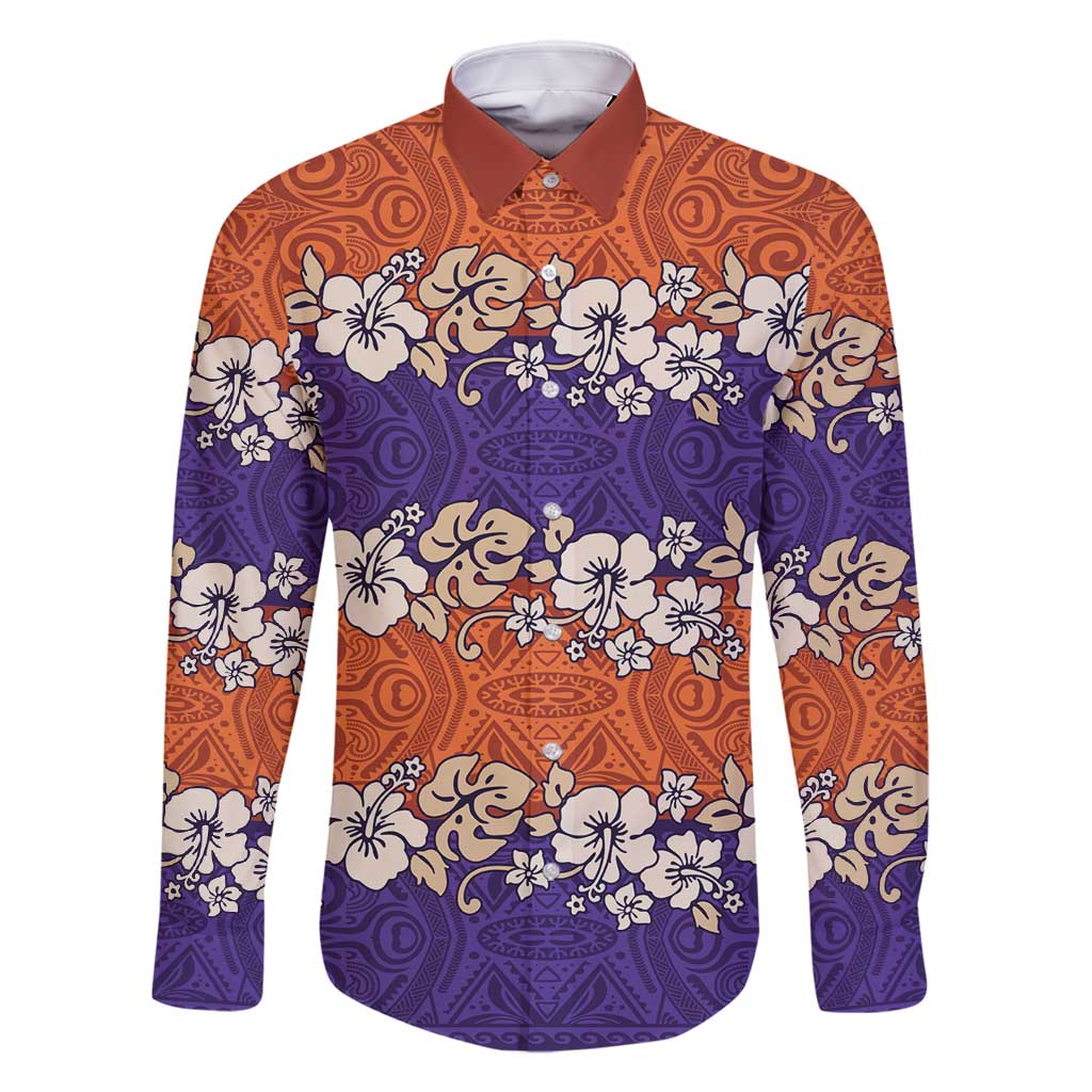 Hawaiian Hibiscus Family Matching Off Shoulder Maxi Dress and Hawaiian Shirt Orange and Purple Unique LT01 Dad's Shirt - Long Sleeve Orange - Polynesian Pride
