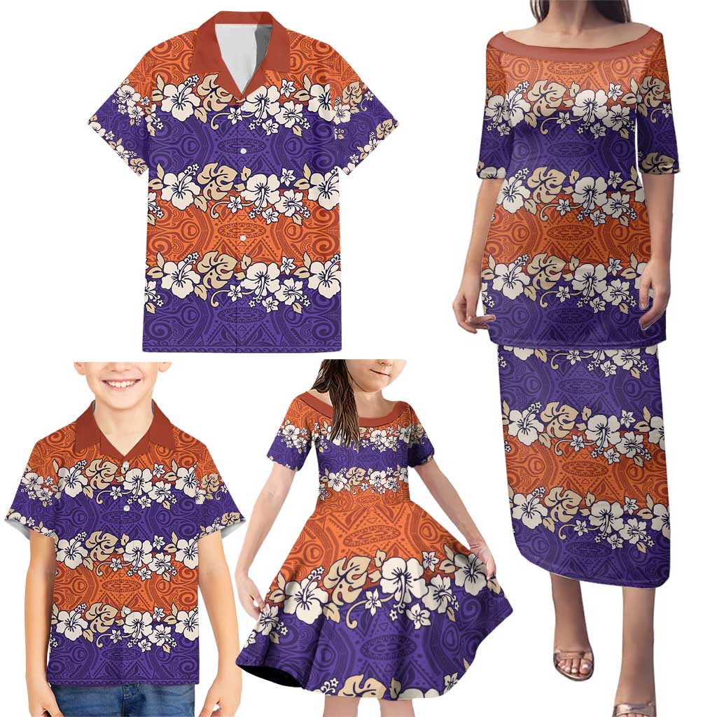 Hawaiian Hibiscus Family Matching Puletasi and Hawaiian Shirt Orange and Purple Unique LT01 - Polynesian Pride